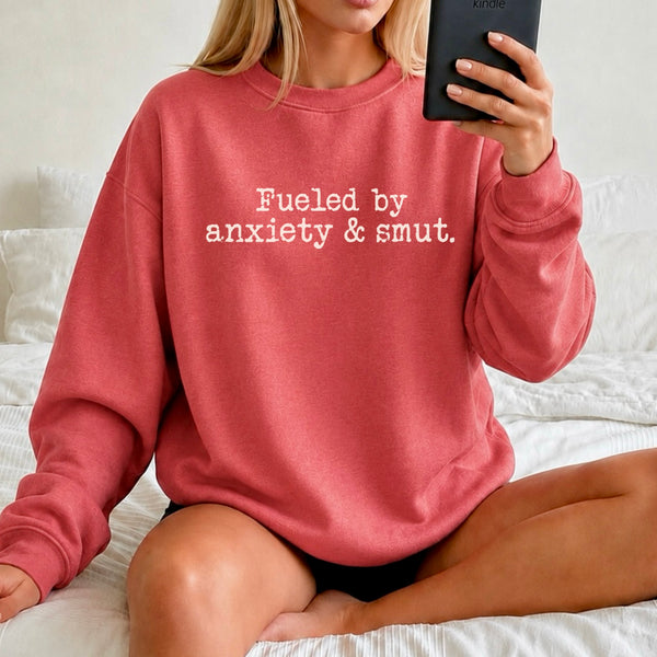 “Fueled by Anxiety & Smut.” Wholesale Crewneck Sweatshirt